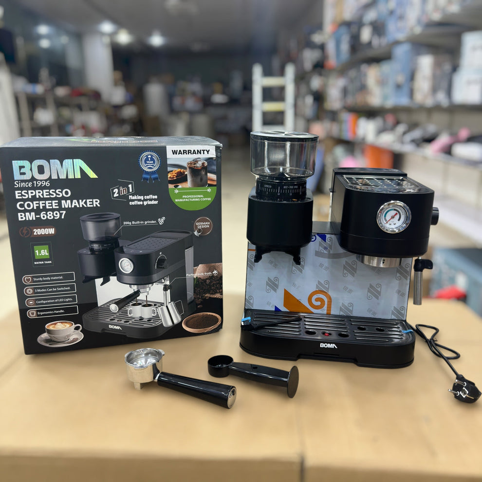 BOMA BM-6897 2-in-1 Espresso Coffee Maker with Built-in Grinder - 2000W, 20 Bar Pump, 1.6L Tank